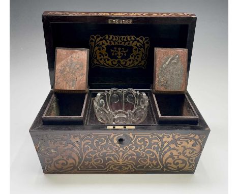 A Regency rosewood and cut brass inlaid tea caddy, the interior with two lidded containers, labelled G and B for green and bl