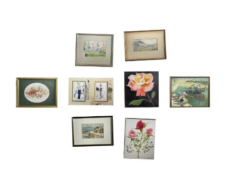 Two Art Deco bookplates, a watercolour of a rose signed R. Godfrey, J.A Edwards watercolour, another watercolour of a house s