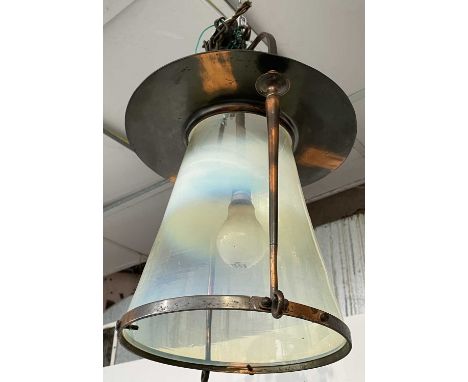 An Arts and Crafts period copper hall lantern, with Vaseline glass shade in the style of Whitefriars. Height 49cm.Condition r