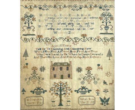 A George IV period sampler, worked by H Fleenden, aged ten years, dated Nov 20 1821, embroidered with two sections of verse, 