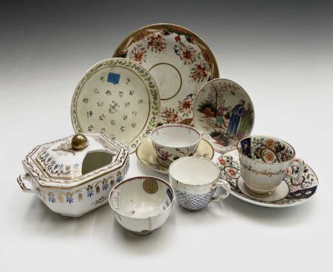 A Newhall porcelain tea bowl and saucer, painted in the butterfly pattern, together with other porcelain to include a Barr, F