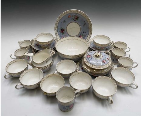 A Derby porcelain part tea and coffee set, circa 1825, the turquoise ground painted with roses and flower sprays and comprisi