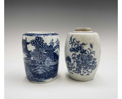 A Caughley barrel form tea caddy, printed with a fenced garden pattern, height 11.5cm, together with another Caughley blue an