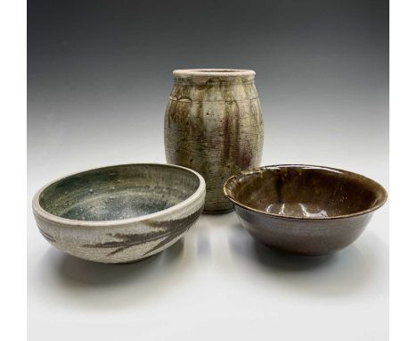 A large studio pottery vase, indistinctly signed to the base, 28cm in height, a studio pottery bowl with fern leaf motif, mar