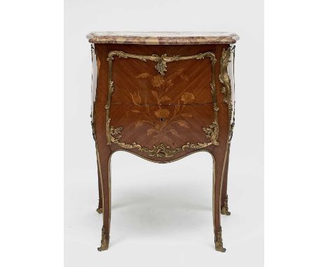 A French Louis XV style kingwood and marquetry small two drawer commode, circa 1900, with ormolu mounts beneath a Scagliola m