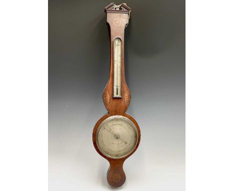 A 19th century mahogany and inlaid wheel barometer, by Bates &amp; Son, Kettering, with silvered dial, height 99cm.