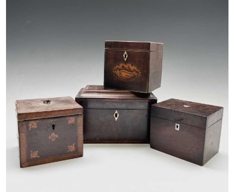 A George III mahogany and chequer strung tea caddy with two lidded compartments, width 20cm, together with three other Georgi