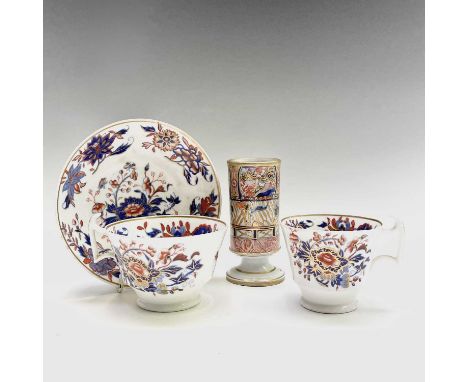 A Spode porcelain spill vase, painted and gilt decorated with a Japan pattern, height 10.5cm, together with a Spode trio (4).