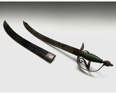 A George III sword, by Cullen, Charing Cross, with green stained ivory grip, twist turned pommel and leather scabbard, length