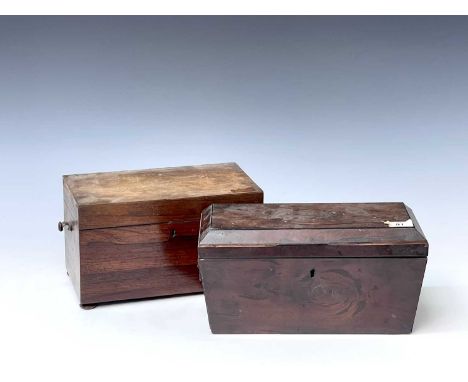 A Regency sarcophagus shape tea caddy, veneered in an exotic black flecked wood with ebony stringing, interior lacking, width