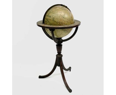 A Newton's New and Improved Terrestrial 12 inch globe, published 1816, with brass meridian circle and the pole with brass hou