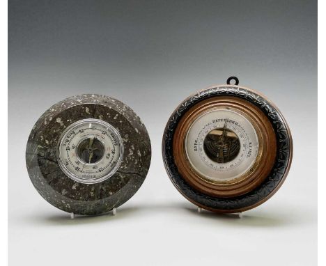 An aneroid barometer, contained in a Cornish serpentine circular case, diameter 17cm, together with a Russian aneroid baromet