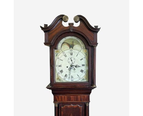 A George III oak and mahogany eight day longcase clock, the 33.3cm arched painted dial signed 'Walter Prideaux', flanked by r