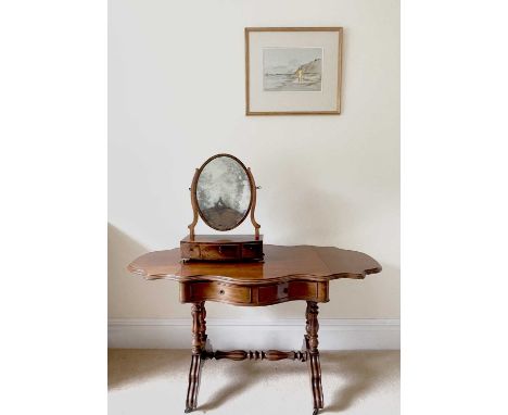 A George III mahogany and rosewood banded dressing table mirror, the bow front base fitted three drawers, height 56cm, width 