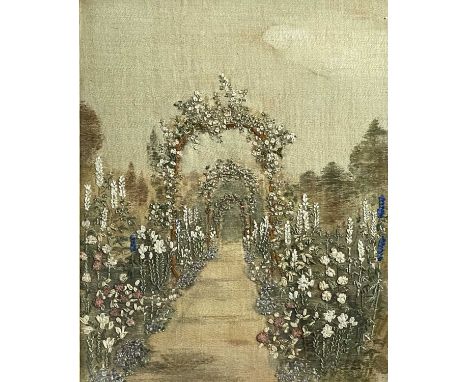 An English woolwork tapestry unframed panel and a framed silkwork picture. Crewel work panel - 68cm x 46.5cm Silkwork picture