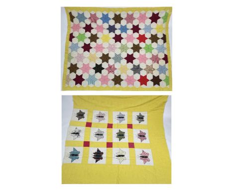 Patchwork quilts.Two quilts, in light colours and mixed plain, ginghams and floral fabrics.One with a star pattern, pale yell