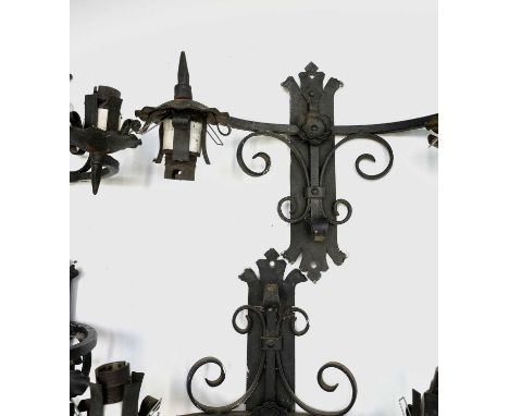 A Gothic style wrought iron hanging electrolier, diameter 53cm, together with four similar twin branch wall mounted light fit