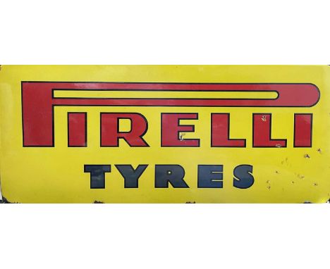A vintage enamel advertising sign, Pirelli Tyres, height 39cm, width 89cm.