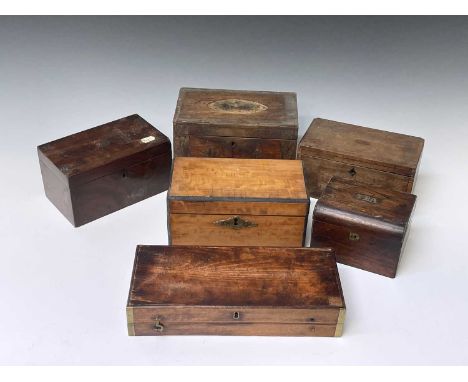 A George III mahogany and inlaid rectangular tea caddy, with two lidded compartments, width 22.5cm, together with four other 