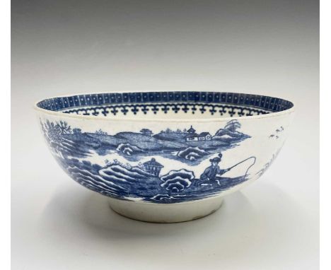 A Caughley blue and white porcelain bowl, printed with the fisherman pattern, printed C mark, diameter 21cm, height 9cm.Prove
