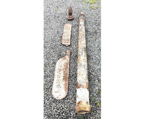 A vintage cast iron finger post road sign, Gwenap-Redruth, Lamorran-Ruan with diamond topped post, height 220cm, width of sig