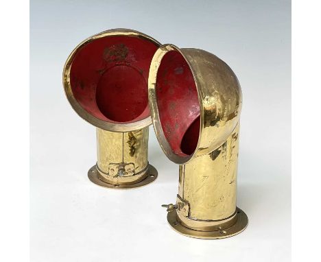 Two vintage brass ships ventilation ducts, with red painted interiors, reputedly removed from an old motor launch, scrapped i