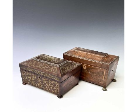 A Regency rosewood and brass inlaid box, formerly a workbox, with scroll decoration, width 32cm, together with a Regency maho