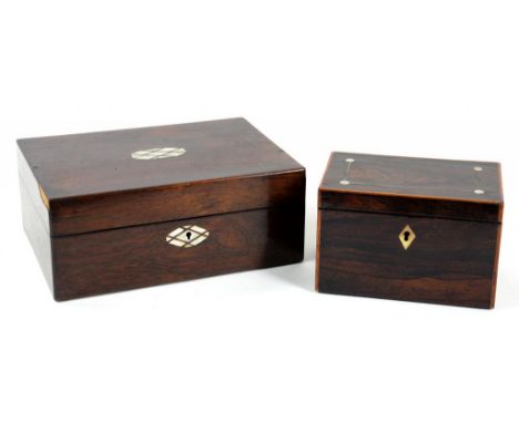 A VICTORIAN ROSEWOOD WORK BOX 27CM W AND A VICTORIAN ROSEWOOD AND LINE INLAID TEA CADDY
