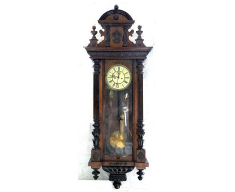 A WALNUT 'VIENNA' REGULATOR WITH  PRIMROSE ENAMEL DIAL 139CM H CIRCA 1900