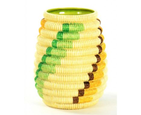 CLARICE CLIFF.  AN A.J. WILKINSON RAFFIA INDIANA VASE 16CM H CIRCA 1935 PRINTED MARK (CRACKED)