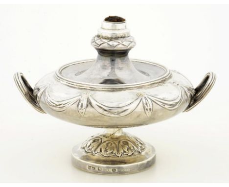 A VICTORIAN SILVER CIGAR LAMP OF TWO HANDLED COMPRESSED ANNULAR FORM 9CM H BIRMINGHAM 1896 LOADED