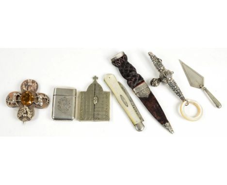 A VICTORIAN SILVER FRUIT KNIFE WITH ENGRAVED BLADE AND MOTHER OF PEARL SCALES SHEFFIELD 1881 A SILVER BABY'S RATTLE WITH WHIS