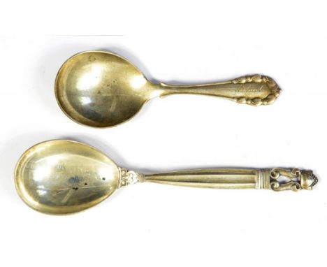 TWO DANISH SILVER CADDY AND PRESERVE SPOONS BY GEORG JENSEN IMPORT MARKED LONDON 1935 AND 1938, 1OZ 15DWTS