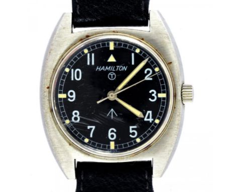 A 1970'S HAMILTON BRITISH ARMY ISSUE TONNEAU SHAPED STAINLESS STEEL WRISTWATCH MECHANICAL MOVEMENT MARKED ON BACK WITH BROAD 