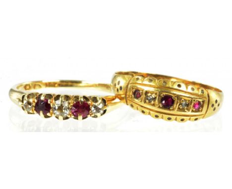 A RUBY AND DIAMOND FIVE STONE RING IN GOLD MARKED 18CT AND ANOTHER IN 18CT GOLD CHESTER 1901, 4.7G