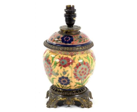 A BRASS MOUNTED ZSOLNAY EARTHENWARE OIL LAMP WITH DETACHABLE FOUNT 23CM H PRINTED MARK CIRCA 1900 ADAPTED FOR ELECTRICITY (FO