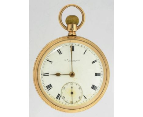 AN ENGLISH 9CT GOLD KEYLESS LEVER WATCH BY THOMAS RUSSELL & SON LIVERPOOL WITH ENAMEL DIAL AND FOLIATE CHASED BAND PLAIN BACK
