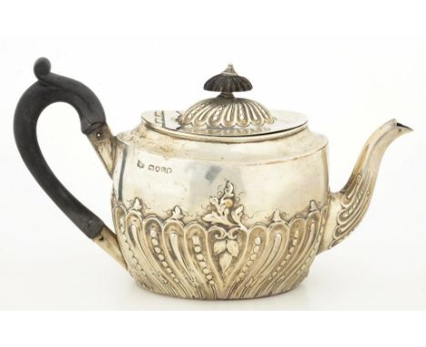 A VICTORIAN SILVER EMBOSSED OVAL BACHELOR'S TEAPOT 11.5CM H LONDON 1886, 7OZS GROSS