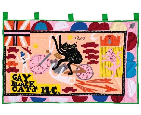 Grayson Perry (British 1960-), 'Gay Black Cats MC', 2017, handmade cotton fabric and embroidery appliqué flag, signed and num