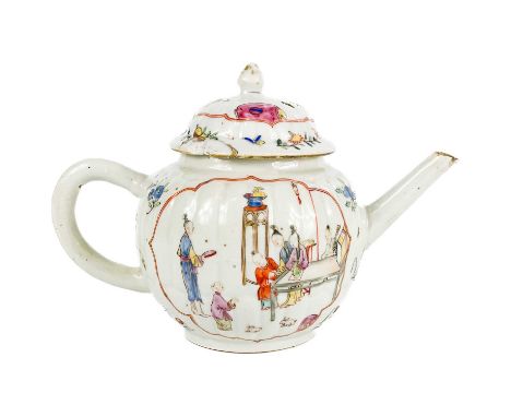 A Chinese famille rose porcelain teapot, late 18th/early 19th century. The lobed circular body with opposing cartouches each 