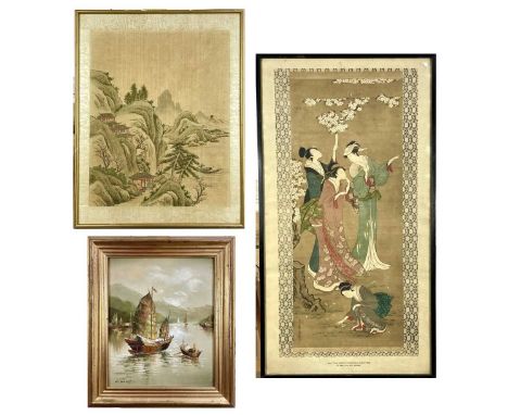 L WONG Chinese junk boatOil on canvassigned24cm 30cmTogether with a Chinese silk painting and a print. (3)