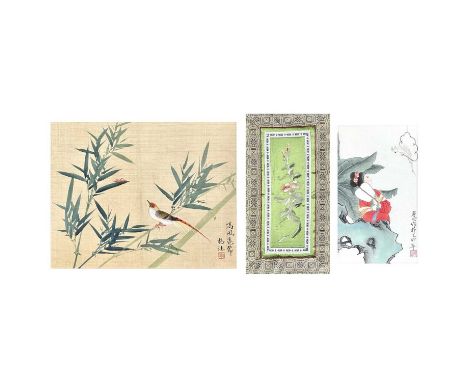 A Chinese painting on silk, circa 1920's. 47.5 x 37.5cm, a Chinese embroidered panel, circa 1920's, 48 x 30.5cm and a waterco