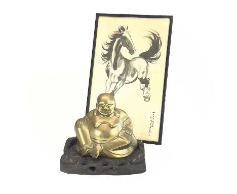 A Chinese brass buddha on a carved wood stand, circa 1920's. Height 19cm, width 19cm and a Chinese print of a horse, 42 x 26c