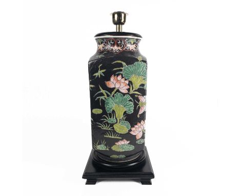 A Chinese famille noire porcelain vase, 20th century. Converted to a lamp lamp, height of porcelain 35cm.