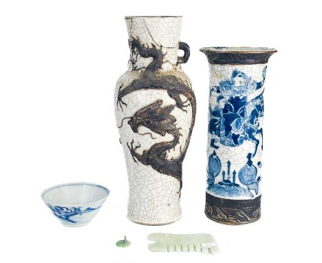 Two Chinese crackle glaze vases, 19th century. Heights 30.5 and 25.5cm, a Chinese blue and white porcelain tea bowl, 18th cen