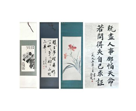 Three Chinese painted scrolls, 20th century. 162 x 42.5cm, 105 x 36cm, calligraphy scroll 159 x 48cm and a loose sheet of cal