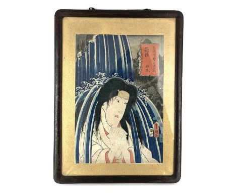 Toyokuni III Utagawa, Hakone, 'Young Lady Hatsuhana in Waterfall'. Japanese woodblock print, 47 x 35cm.From the estate of Edw