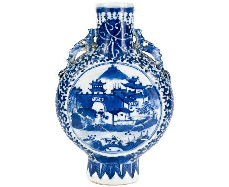 A Chinese blue and white porcelain moon flask, 19th century. With opposing river landscape scenes, height 26cm, width 17cm, d