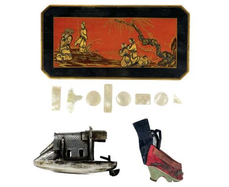 A Chinese silver miniature model of a junk, signed,  Height 2.5cm, length 4.5cm, depth 1cm, Chinese Mother of pearl gaming co