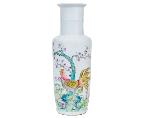 A Chinese famille rose porcelain rouleau vase. Guangxu six character mark in iron red, decorated with a cockerel, hen and chi
